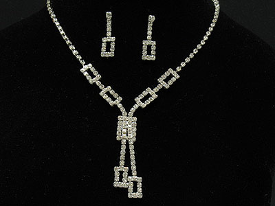 Rhinestone rectangle pattern and 2 dangle necklace and earring set