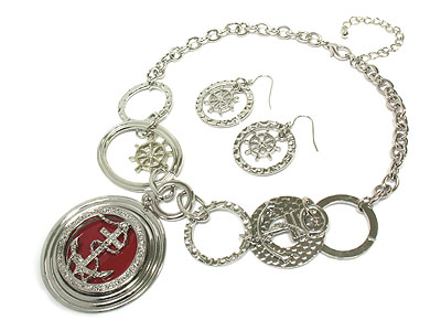 Marine anchor disk pendant necklace and earring set