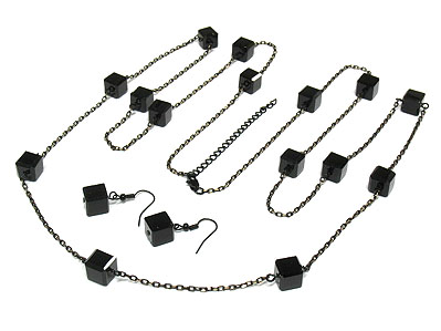 Cubic jet beads long necklace and earring set