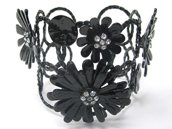 Crystal accent metal flower deco multi round metal link bangle