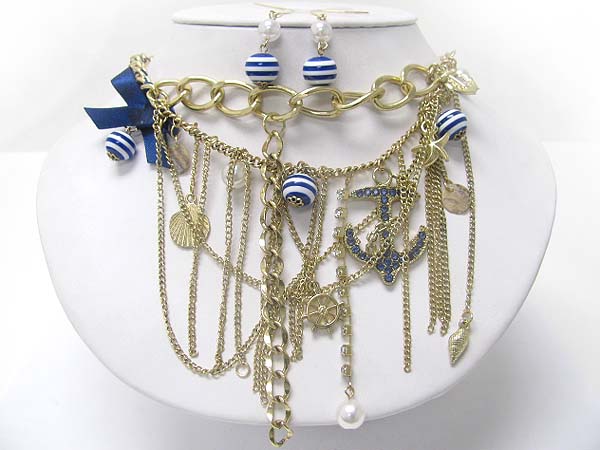 Multi layer  nautical theme charm hanging chain neckalce earring set