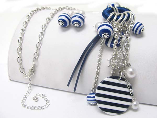 Multi nautical theme charm and beads dangle long chain neckalce earring set