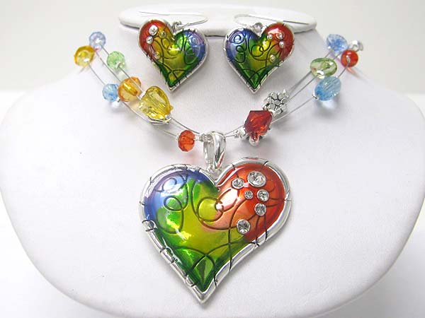 Crystal and enamel art metal heart and beads necklace earring set