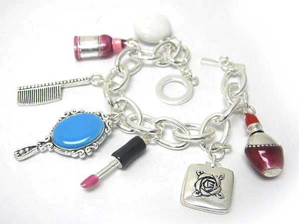 Cosmetic theme multi miniature charm dangle toggle bracelet