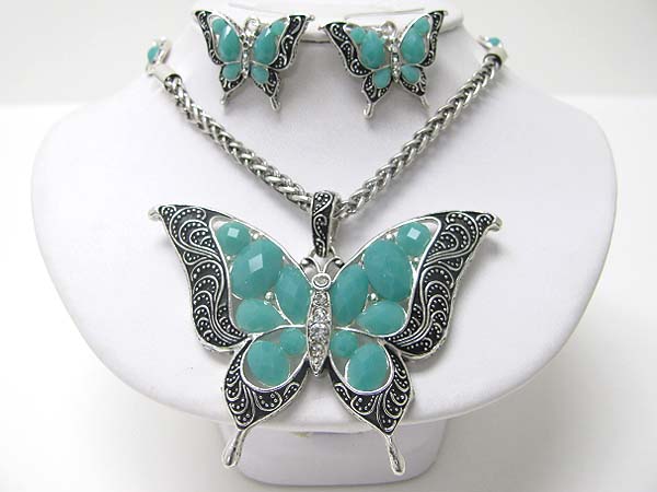 Facet stone and marcasite look metal butterfly necklace earring set