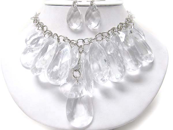 Multi facet glass tear cluster drop necklace earring set