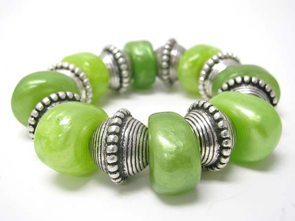 Chunky formica nugget and textured metal beads stretch bracelet