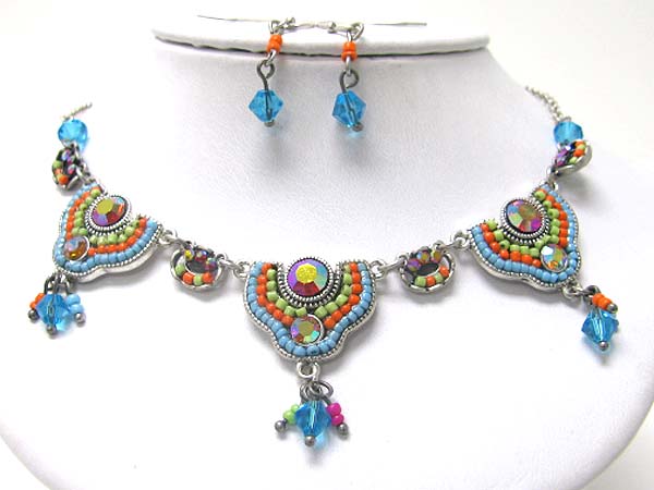 Crystal and beads art deco necklace earring set