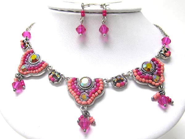 Crystal and beads art deco necklace earring set