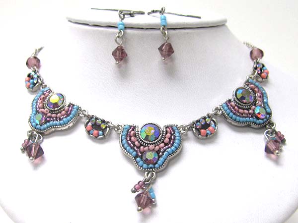 Crystal and beads art deco necklace earring set