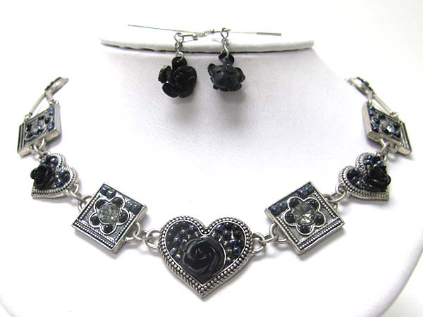 Crystal and beads flower art deco necklace earring set