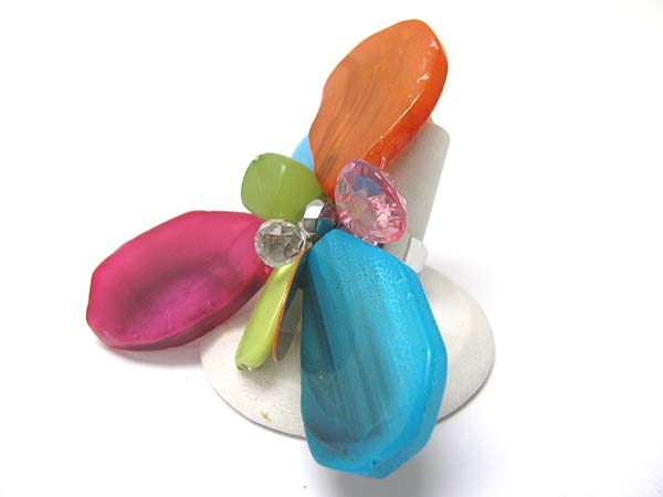 Mixed acryl beads and stone flower adjustable ring