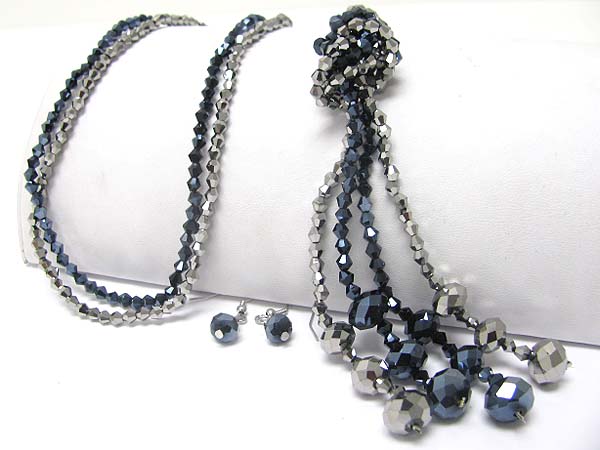 4 row facet metallic beads knotted long necklace earring set 