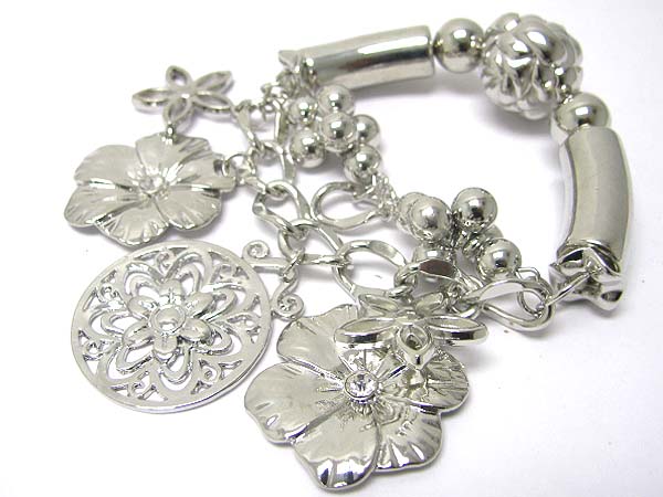 Crystal stud metal flower charm and tube link bracelet