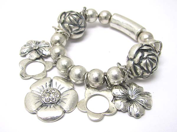 Crystal stud metal flower charm and ball link bracelet