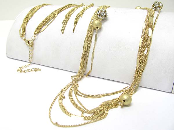 Multi chain and crystal ball long necklace earring set