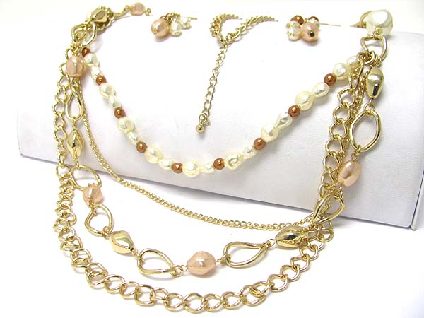 Multi layer pearl and beads metal chain long necklace set