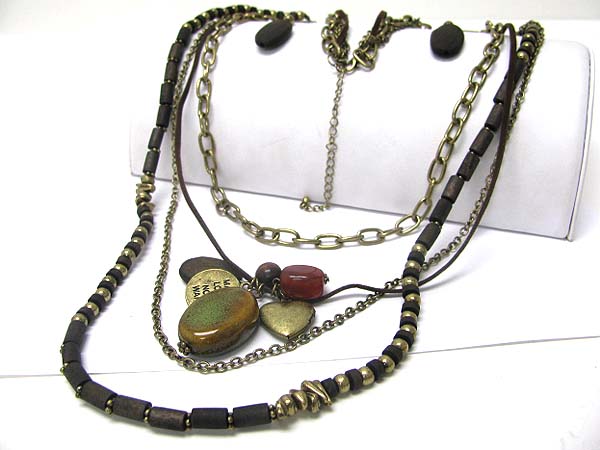 Mixed stone and antique metal charm multi chain necklace set 