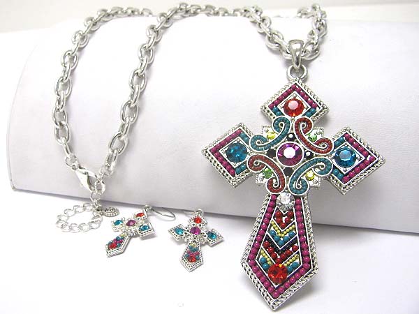 Crystal and beads deco cross pendant necklace set