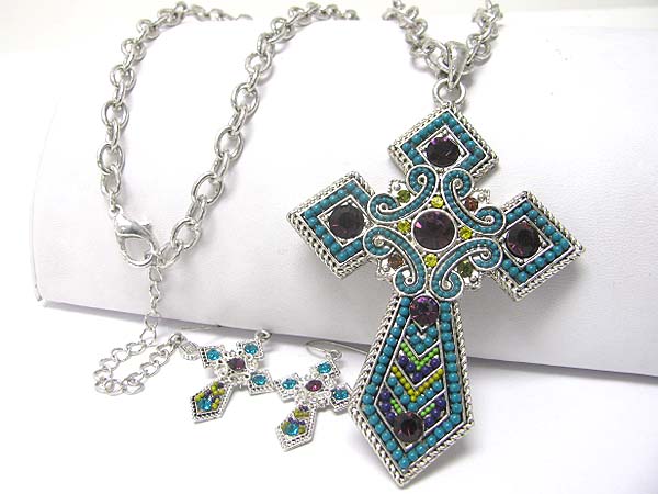 Crystal and beads deco cross pendant necklace set