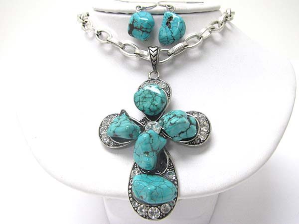 Mixed natural stoneand crystal cross pendant necklace set