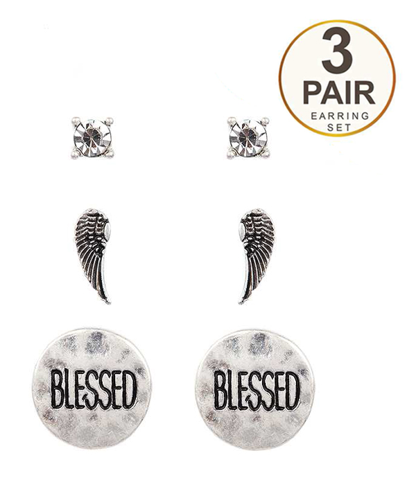 Religious inspiration 3 pair earring set - angel wing blessed