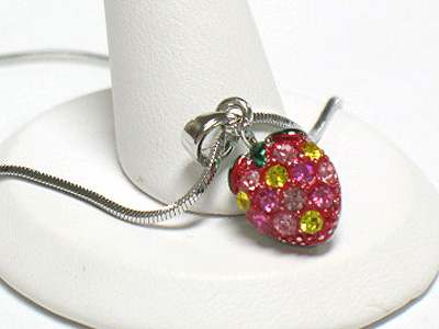 Crystal stud colored metal small strawberry necklace