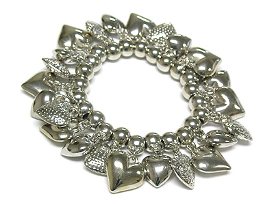 Multi metal heart charm dangle stretch bracelet