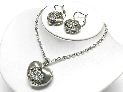 Crystal crown puffy metal heart necklace and earring set