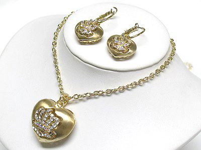 Crystal crown puffy metal heart necklace and earring set