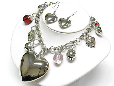 Puffy metal heart and ball dangle necklace and earring set