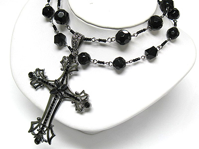 Crystal accent cross pendant pearl bead neckalce