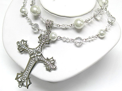 Crystal accent cross pendant pearl bead neckalce