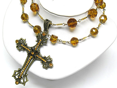 Crystal accent cross pendant pearl bead neckalce