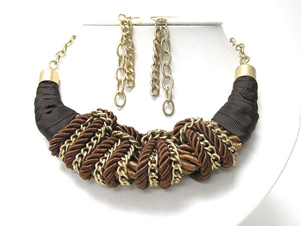 Metal chain on silk cord twisted  necklace earring set