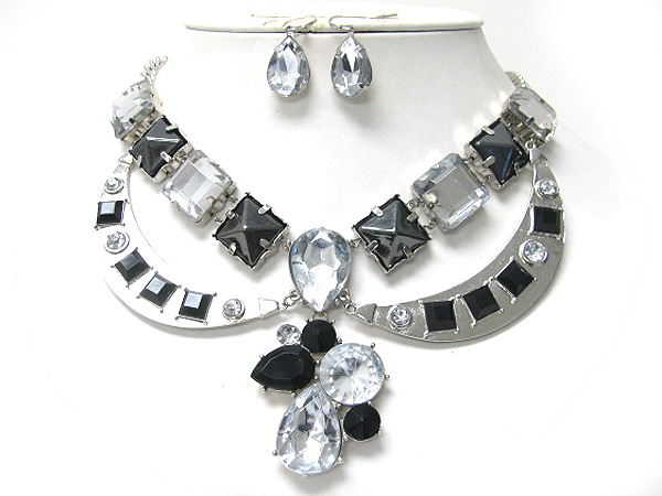 Crystal metal  collar style and acryl stone chain necklace earring set