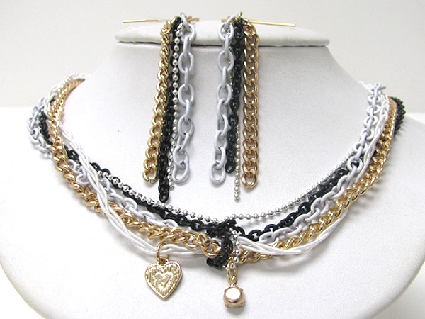 Multi chain and twisted fabric drop heart and crystal necklace earring set