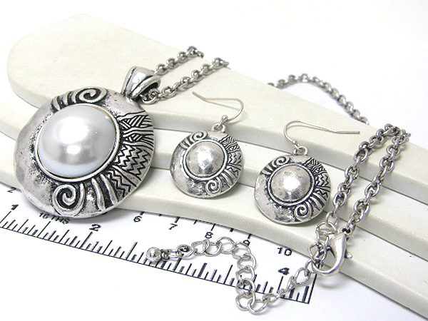 Designer style round metal and pearl drop long chain necklace earring set