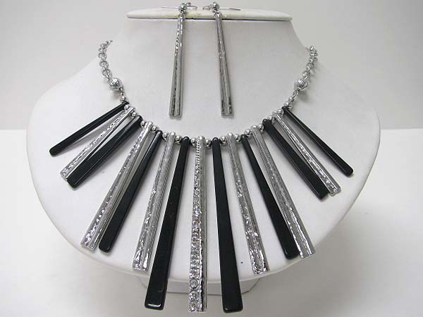 Multi bar metal crystal and acryl drop  necklace earring set