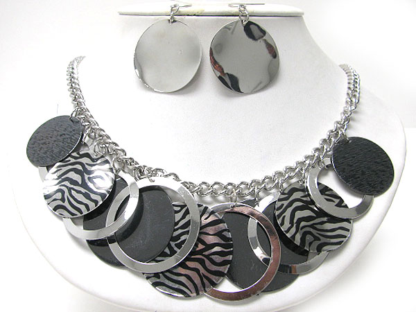 Multi metal disk zebra print chain necklace earring set