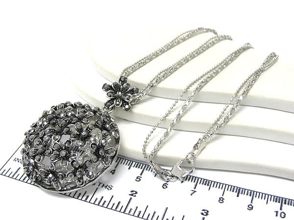 Multi crystal  drop down puffy round metal long necklace