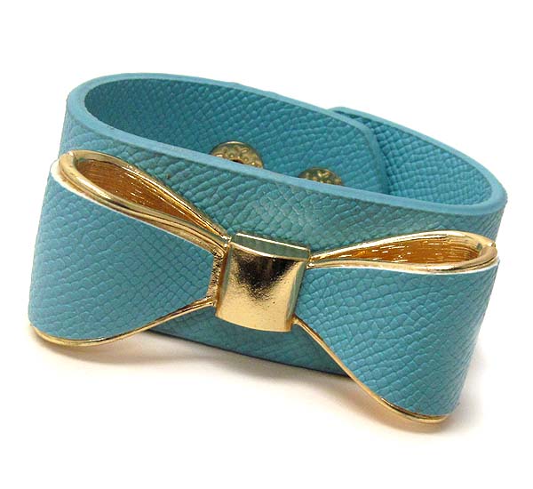 Metal leather with ribbon design button bracelet