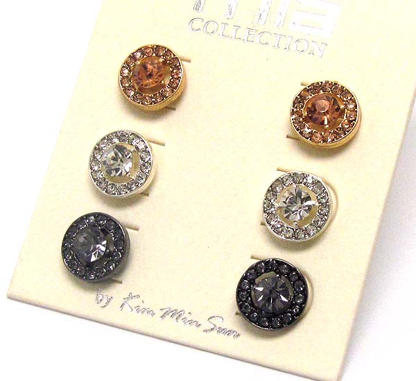 Crystal round stud earring set of 3