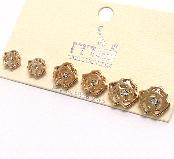 Crystal rose stud earring set of 3