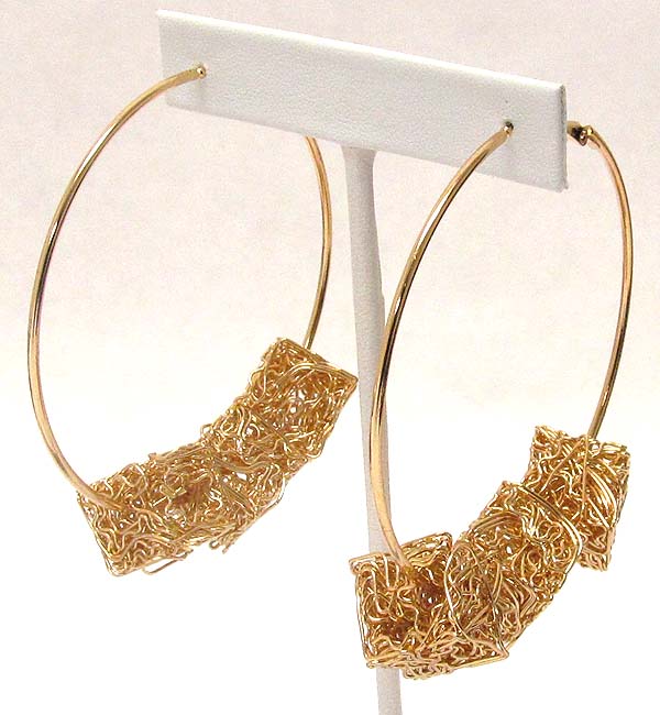 Three metal wired box on hoop earring - hoops