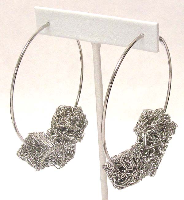 Three metal wired box on hoop earring - hoops