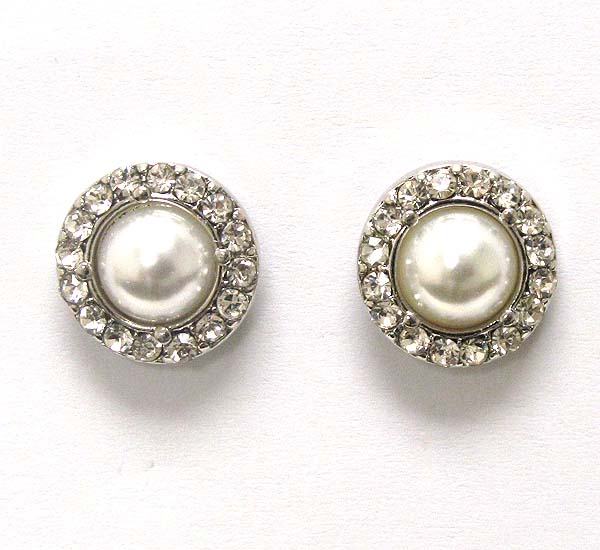 Crystal with pearl on round metal stud earring