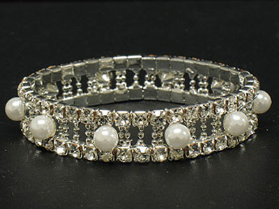 Double line pearl bead rhinestone stretch bracelet