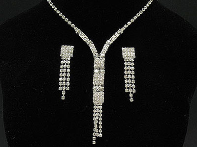 Double line rhinestone drop necklace and earring set