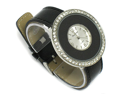 Crystal and leather deco round face watch 